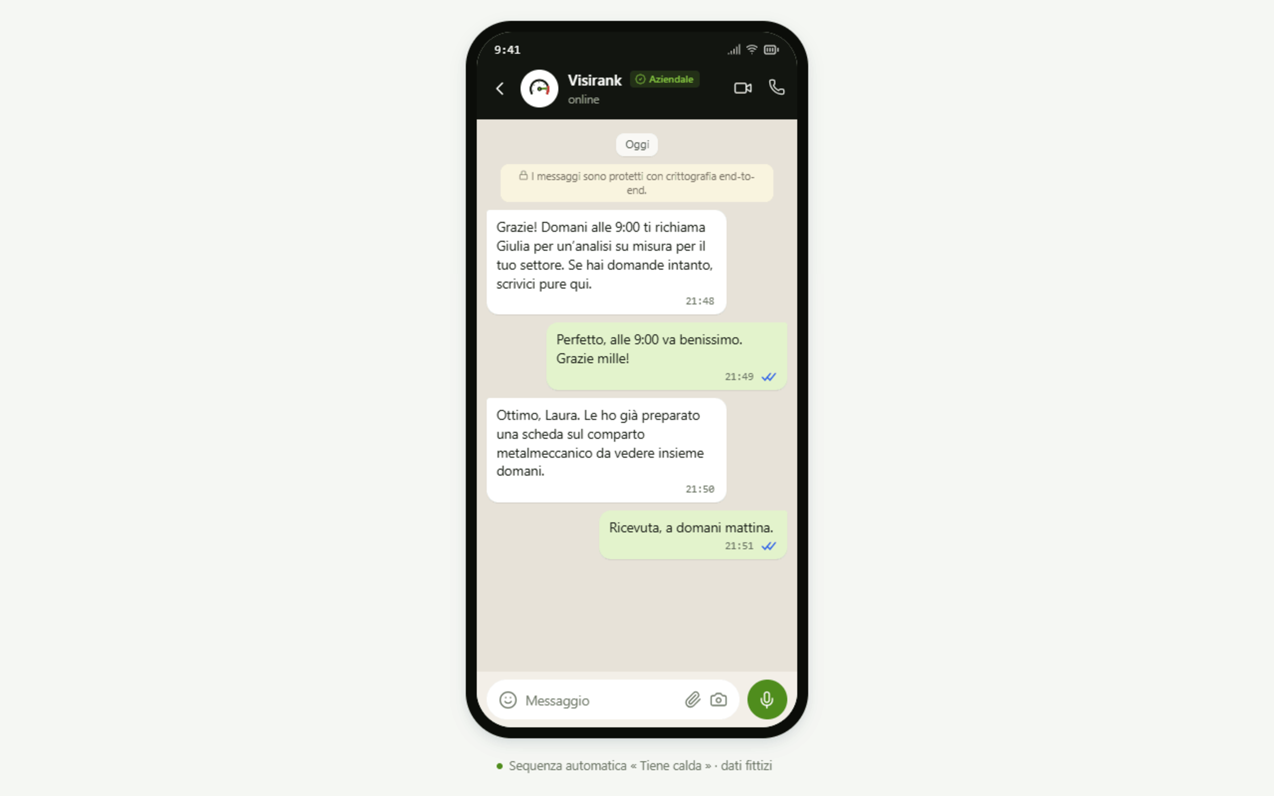 Conversazione WhatsApp automatica di Visirank che accompagna la lead fino alla telefonata